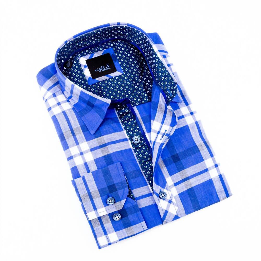 NEW EIGHT X men's plaid linen shirt in blue